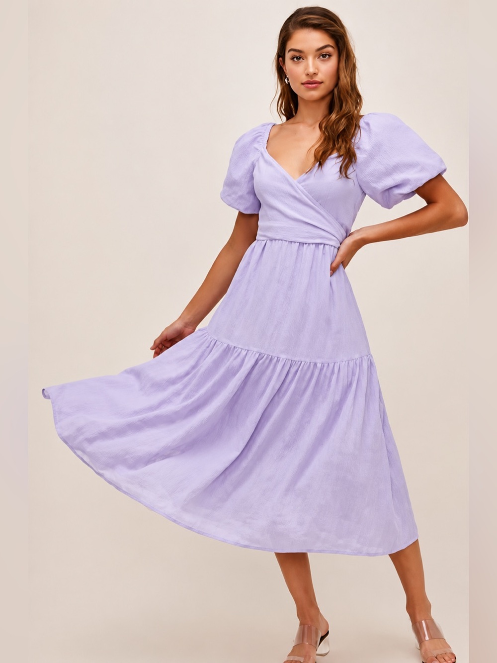 ASTR The Label Lavender Puff Sleeve Wrap Midi Dress Smocked Back XS Romantic